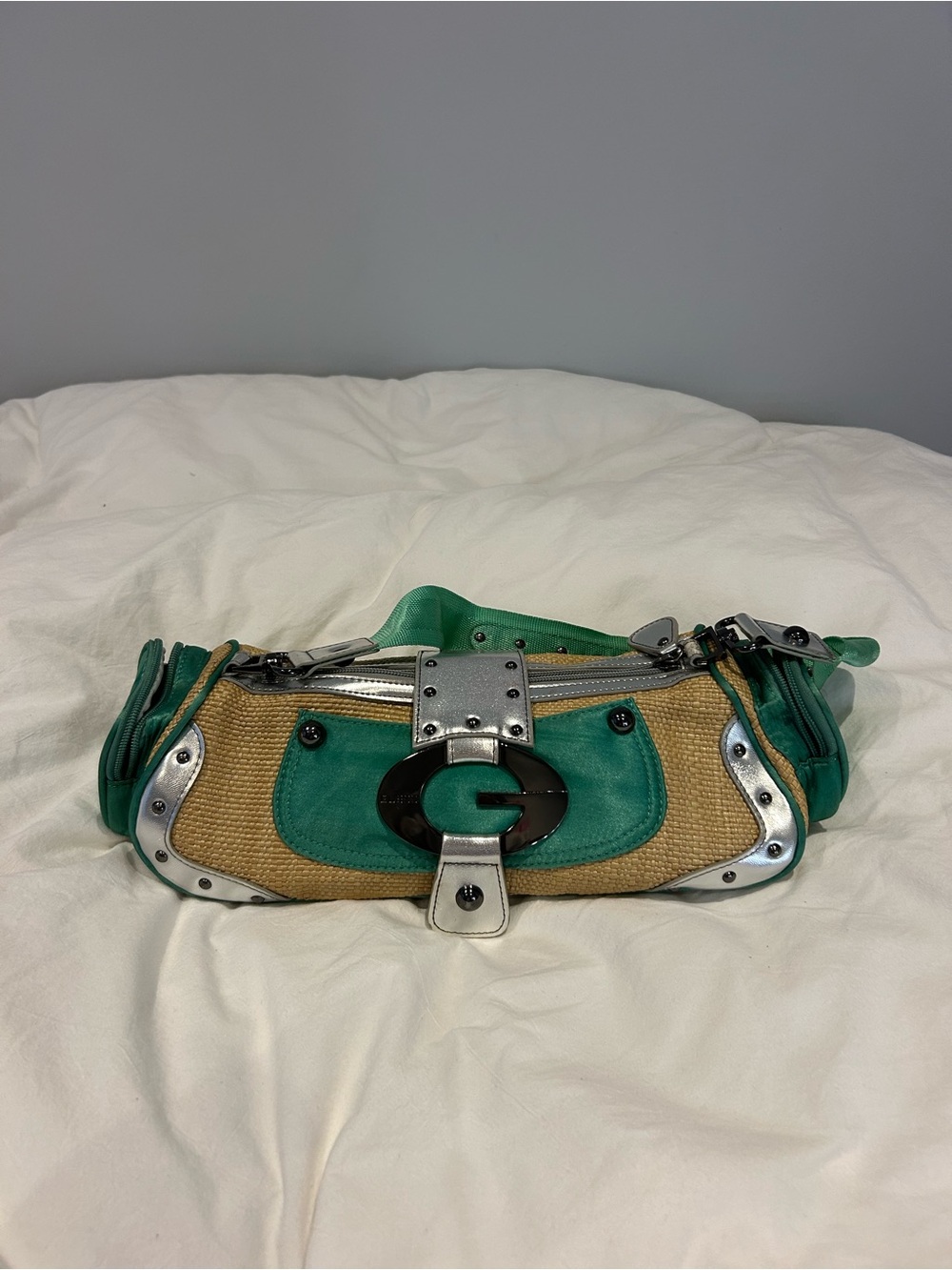 Guess Green and Tan Shoulder Bag with G Buckle